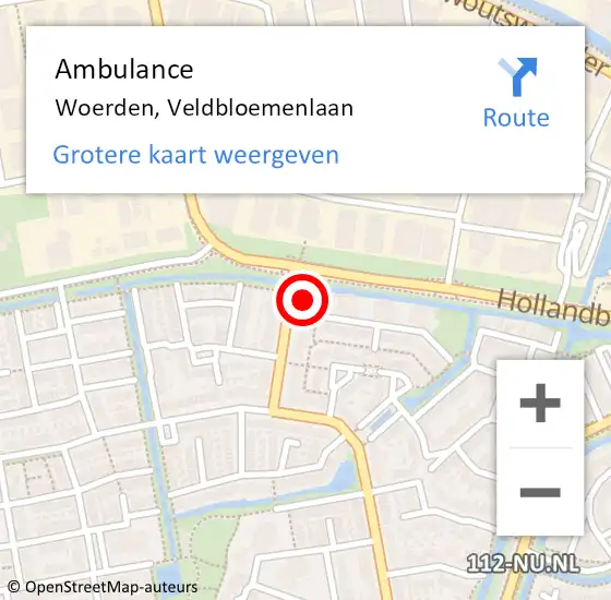 Locatie op kaart van de 112 melding: Ambulance Woerden, Veldbloemenlaan op 11 augustus 2016 13:51