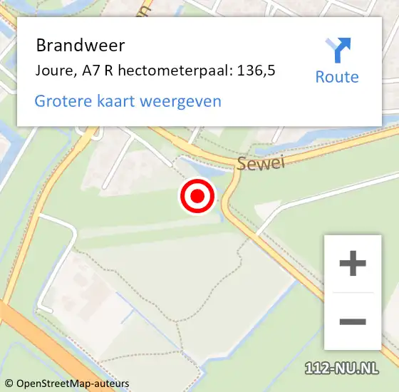 Locatie op kaart van de 112 melding: Brandweer Joure, A7 R hectometerpaal: 136,5 op 12 augustus 2016 05:56