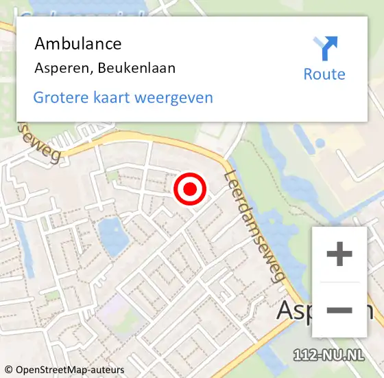 Locatie op kaart van de 112 melding: Ambulance Asperen, Beukenlaan op 12 augustus 2016 11:35