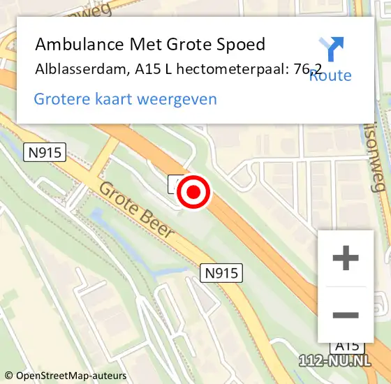 Locatie op kaart van de 112 melding: Ambulance Met Grote Spoed Naar Alblasserdam, A15 L hectometerpaal: 76,2 op 12 augustus 2016 16:03