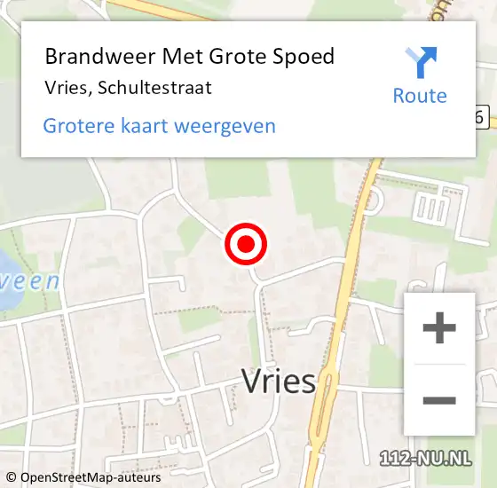 Locatie op kaart van de 112 melding: Brandweer Met Grote Spoed Naar Vries, Schultestraat op 14 augustus 2016 13:18