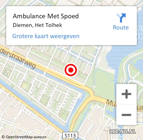 Locatie op kaart van de 112 melding: Ambulance Met Spoed Naar Diemen, Het Tolhek op 14 augustus 2016 13:24