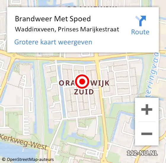 Locatie op kaart van de 112 melding: Brandweer Met Spoed Naar Waddinxveen, Prinses Marijkestraat op 15 augustus 2016 00:03