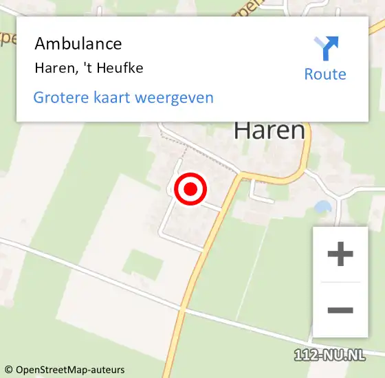 Locatie op kaart van de 112 melding: Ambulance Haren, 't Heufke op 16 augustus 2016 12:24