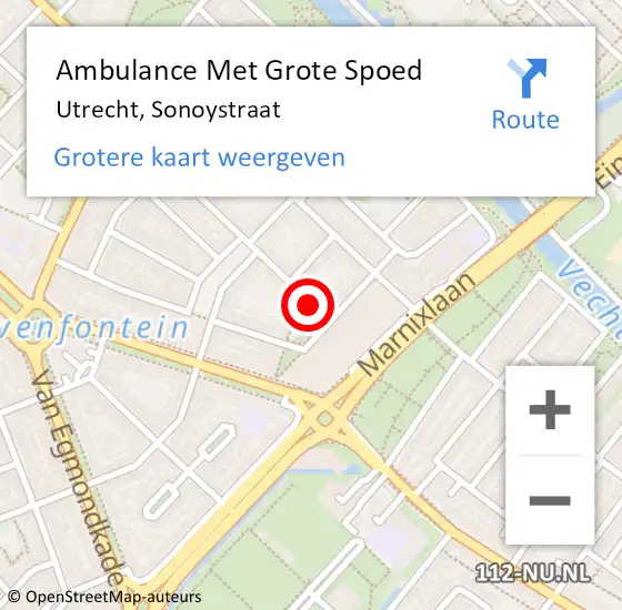 Locatie op kaart van de 112 melding: Ambulance Met Grote Spoed Naar Utrecht, Sonoystraat op 16 augustus 2016 15:13