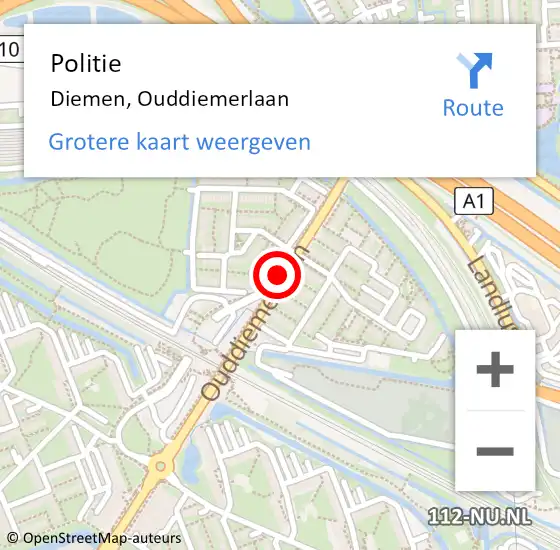 Locatie op kaart van de 112 melding: Politie Diemen, Ouddiemerlaan op 16 augustus 2016 16:04