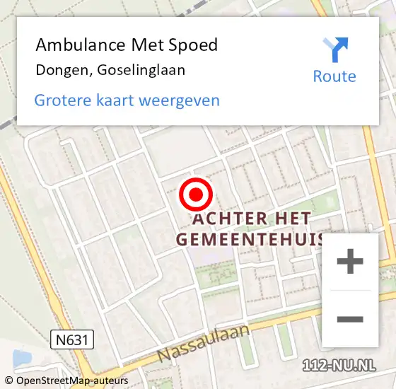 Locatie op kaart van de 112 melding: Ambulance Met Spoed Naar Dongen, Goselinglaan op 17 augustus 2016 10:11