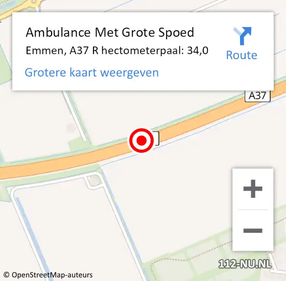 Locatie op kaart van de 112 melding: Ambulance Met Grote Spoed Naar Emmen, A37 R hectometerpaal: 34,0 op 17 augustus 2016 21:32