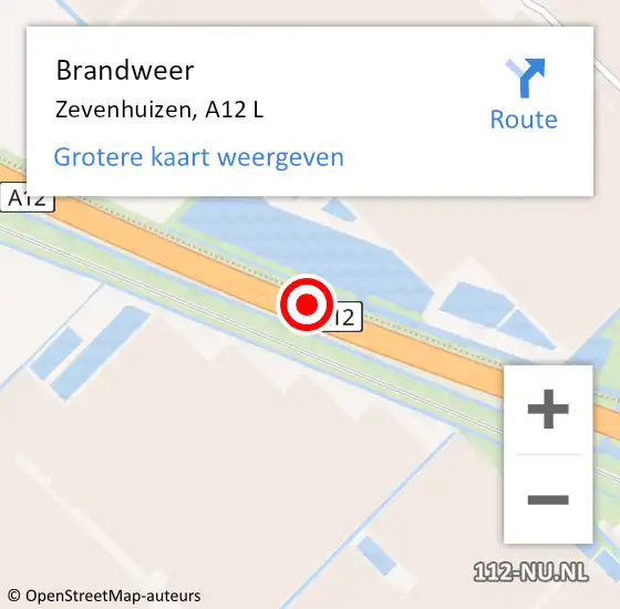 Locatie op kaart van de 112 melding: Brandweer Zevenhuizen, A12 L hectometerpaal: 21,7 op 18 augustus 2016 07:57