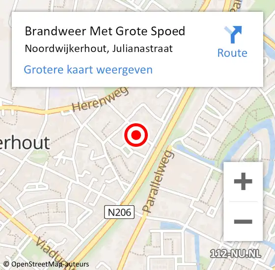 Locatie op kaart van de 112 melding: Brandweer Met Grote Spoed Naar Noordwijkerhout, Julianastraat op 18 augustus 2016 08:13