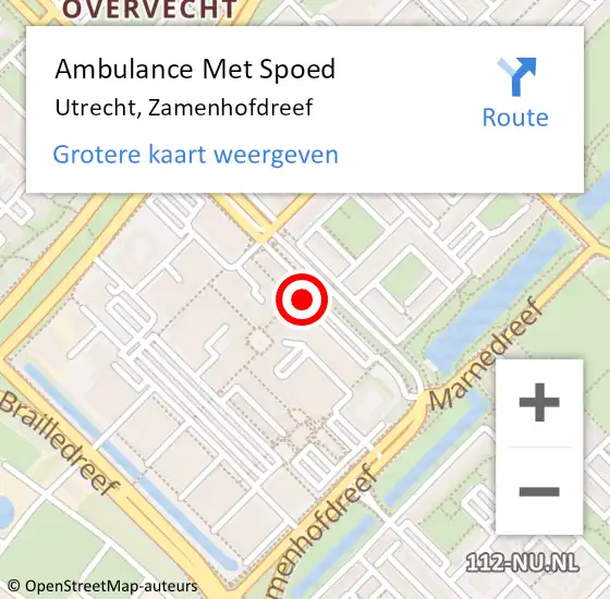 Locatie op kaart van de 112 melding: Ambulance Met Spoed Naar Utrecht, Zamenhofdreef op 18 augustus 2016 11:14