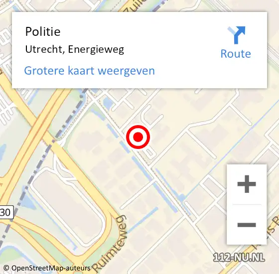 Locatie op kaart van de 112 melding: Politie Utrecht, Energieweg op 18 augustus 2016 11:37