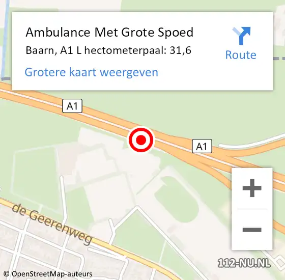 Locatie op kaart van de 112 melding: Ambulance Met Grote Spoed Naar Baarn, A1 R hectometerpaal: 35,0 op 19 augustus 2016 09:17