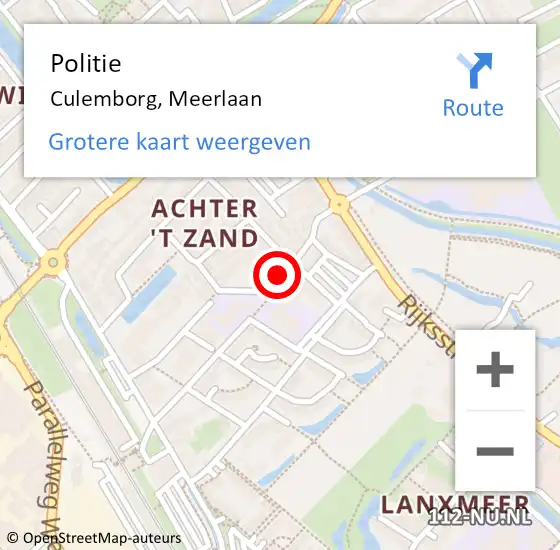 Locatie op kaart van de 112 melding: Politie Culemborg, Meerlaan op 22 augustus 2016 09:46