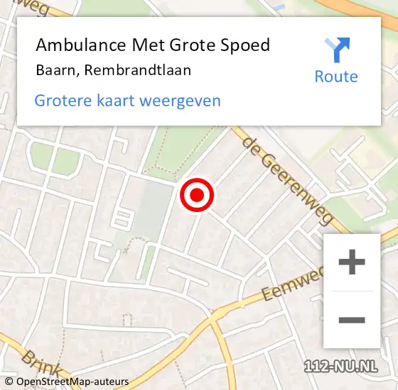 Locatie op kaart van de 112 melding: Ambulance Met Grote Spoed Naar Baarn, Rembrandtlaan op 23 augustus 2016 20:11