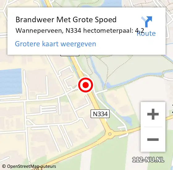 Locatie op kaart van de 112 melding: Brandweer Met Grote Spoed Naar Wanneperveen, N334 hectometerpaal: 4,2 op 23 augustus 2016 20:36
