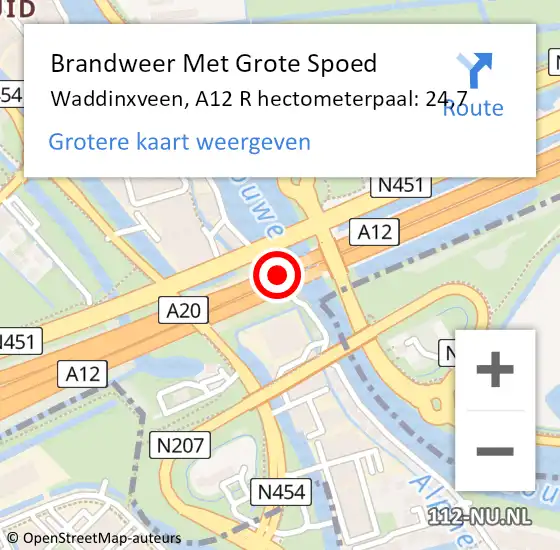 Locatie op kaart van de 112 melding: Brandweer Met Grote Spoed Naar Waddinxveen, A12 R hectometerpaal: 27,8 op 23 augustus 2016 20:51