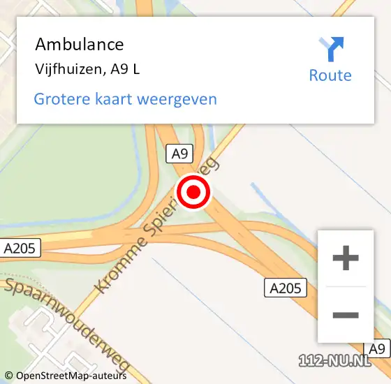 Locatie op kaart van de 112 melding: Ambulance Vijfhuizen, A9 L op 23 augustus 2016 23:19