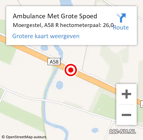 Locatie op kaart van de 112 melding: Ambulance Met Grote Spoed Naar Moergestel, A58 L hectometerpaal: 26,1 op 24 augustus 2016 00:47