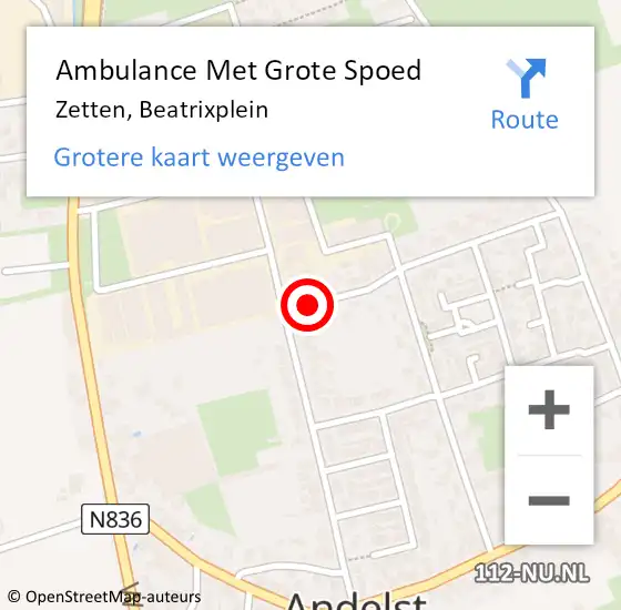 Locatie op kaart van de 112 melding: Ambulance Met Grote Spoed Naar Zetten, Beatrixplein op 24 augustus 2016 09:43