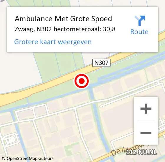 Locatie op kaart van de 112 melding: Ambulance Met Grote Spoed Naar Zwaag, N302 hectometerpaal: 32,5 op 24 augustus 2016 11:13