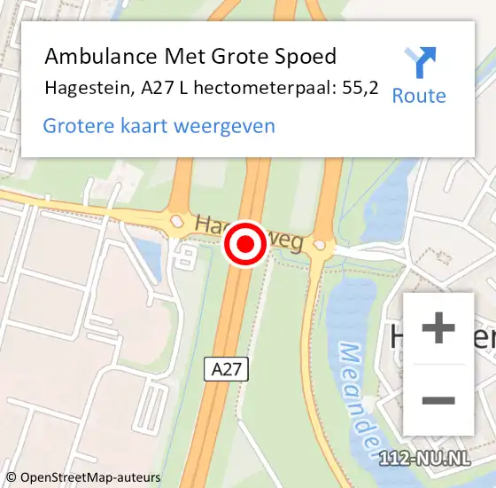 Locatie op kaart van de 112 melding: Ambulance Met Grote Spoed Naar Hagestein, A27 R hectometerpaal: 53,3 op 25 augustus 2016 11:24