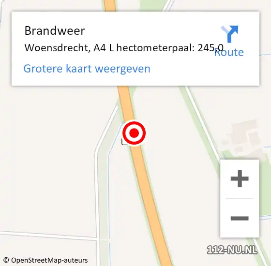 Locatie op kaart van de 112 melding: Brandweer Woensdrecht, A4 L hectometerpaal: 245,0 op 25 augustus 2016 17:20