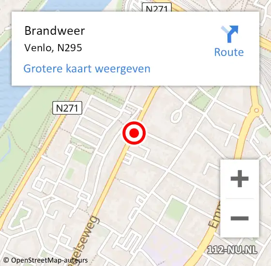 Locatie op kaart van de 112 melding: Brandweer Venlo, N295 op 25 augustus 2016 18:33