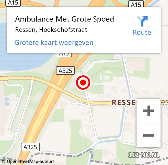 Locatie op kaart van de 112 melding: Ambulance Met Grote Spoed Naar Ressen, Hoeksehofstraat op 25 augustus 2016 21:13