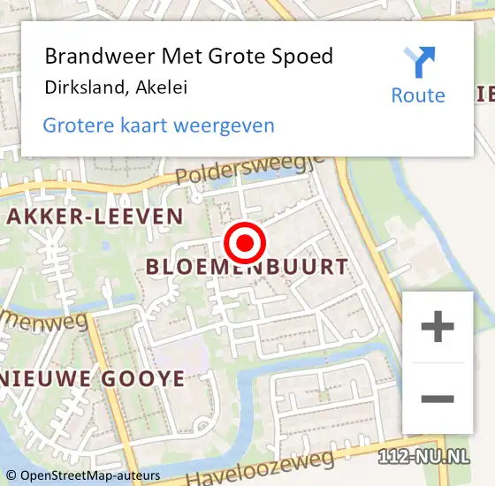 Locatie op kaart van de 112 melding: Brandweer Met Grote Spoed Naar Dirksland, Akelei op 26 augustus 2016 06:27