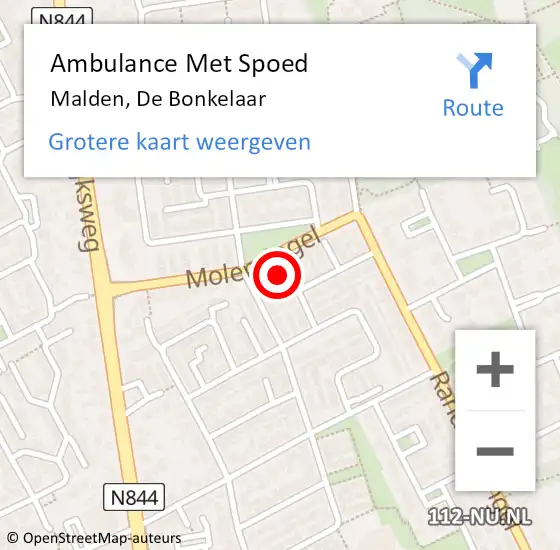 Locatie op kaart van de 112 melding: Ambulance Met Spoed Naar Malden, De Bonkelaar op 26 augustus 2016 06:59