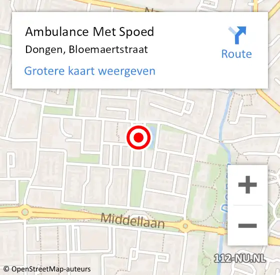 Locatie op kaart van de 112 melding: Ambulance Met Spoed Naar Dongen, Bloemaertstraat op 27 augustus 2016 16:48