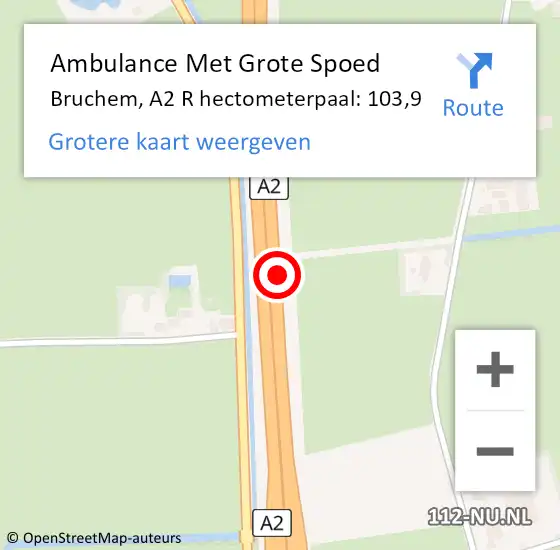 Locatie op kaart van de 112 melding: Ambulance Met Grote Spoed Naar Bruchem, A2 R hectometerpaal: 103,5 op 29 augustus 2016 16:39