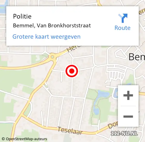 Locatie op kaart van de 112 melding: Politie Bemmel, Van Bronkhorststraat op 29 augustus 2016 19:37