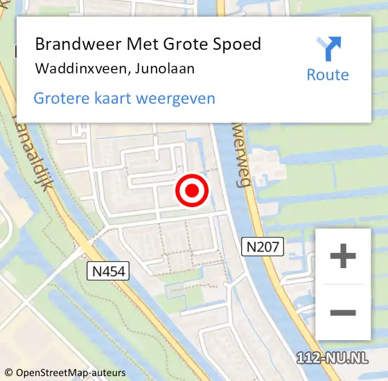 Locatie op kaart van de 112 melding: Brandweer Met Grote Spoed Naar Waddinxveen, Junolaan op 30 augustus 2016 01:06