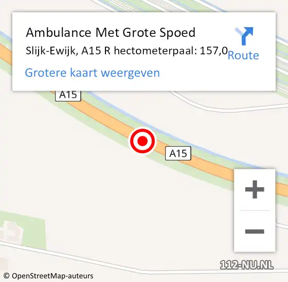 Locatie op kaart van de 112 melding: Ambulance Met Grote Spoed Naar Slijk-Ewijk, A15 R hectometerpaal: 157,0 op 30 augustus 2016 18:02