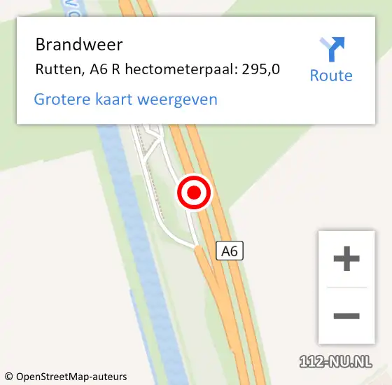 Locatie op kaart van de 112 melding: Brandweer Rutten, A6 R hectometerpaal: 295,0 op 31 augustus 2016 09:25