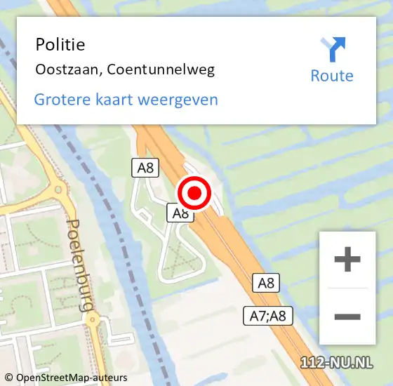 Locatie op kaart van de 112 melding: Politie Oostzaan, Coentunnelweg op 31 augustus 2016 14:39