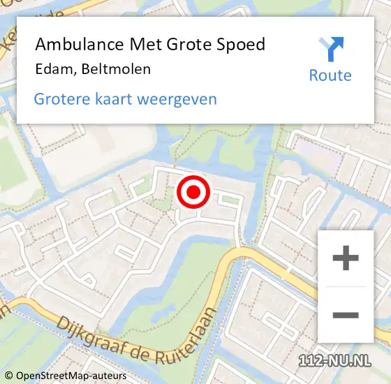 Locatie op kaart van de 112 melding: Ambulance Met Grote Spoed Naar Edam, Beltmolen op 1 september 2016 00:39