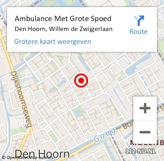 Locatie op kaart van de 112 melding: Ambulance Met Grote Spoed Naar Den Hoorn, Willem de Zwijgerlaan op 1 september 2016 22:46