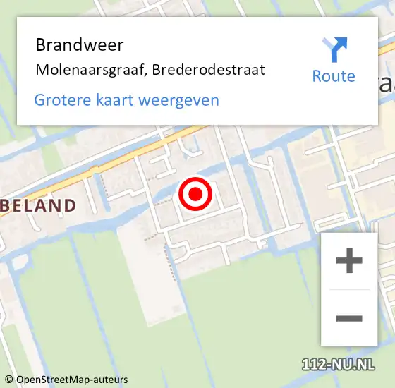 Locatie op kaart van de 112 melding: Brandweer Molenaarsgraaf, Brederodestraat op 2 september 2016 06:03