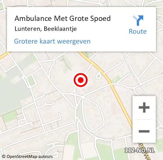 Locatie op kaart van de 112 melding: Ambulance Met Grote Spoed Naar Lunteren, Beeklaantje op 3 september 2016 17:55