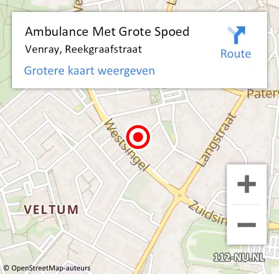 Locatie op kaart van de 112 melding: Ambulance Met Grote Spoed Naar Venray, Reekgraafstraat op 26 december 2013 06:50