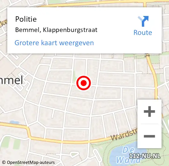 Locatie op kaart van de 112 melding: Politie Bemmel, Klappenburgstraat op 5 september 2016 17:26