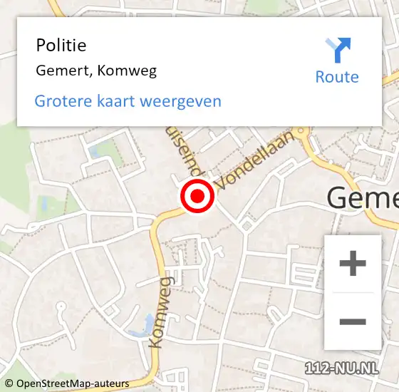 Locatie op kaart van de 112 melding: Politie Gemert, Komweg op 5 september 2016 18:39