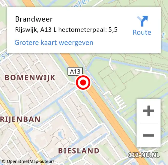 Locatie op kaart van de 112 melding: Brandweer Rijswijk, A13 R hectometerpaal: 5,6 op 5 september 2016 20:56