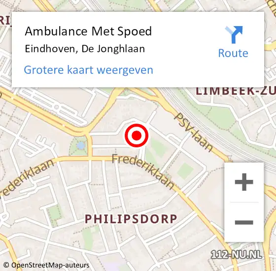 Locatie op kaart van de 112 melding: Ambulance Met Spoed Naar Eindhoven, De Jonghlaan op 7 september 2016 01:21