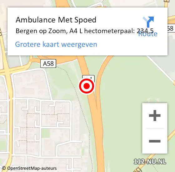 Locatie op kaart van de 112 melding: Ambulance Met Spoed Naar Bergen op Zoom, A4 R hectometerpaal: 234,3 op 7 september 2016 07:29