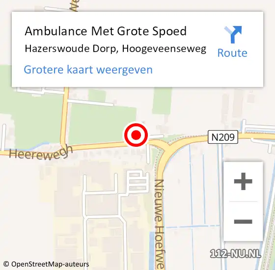 Locatie op kaart van de 112 melding: Ambulance Met Grote Spoed Naar Hazerswoude Dorp, Hoogeveenseweg op 7 september 2016 16:05