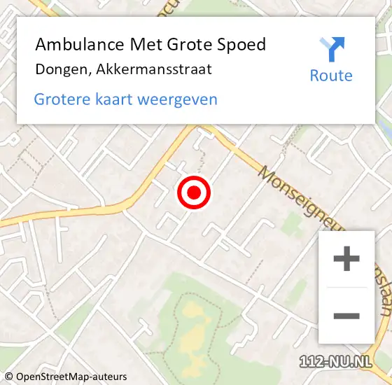 Locatie op kaart van de 112 melding: Ambulance Met Grote Spoed Naar Dongen, Akkermansstraat op 7 september 2016 19:42